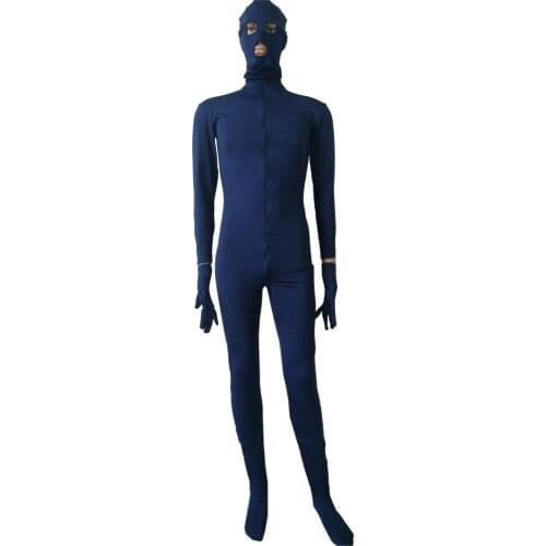 Navy blue color Spandex women men Unitard Catsuit front zipper removable hood and gloves feet