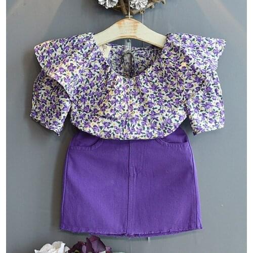 Summer Outfits For Toddler Girl Clothing Purple Peter Pan Collar Floral Blouse + Skirt Two Piece Princess Birthday Kids Sets