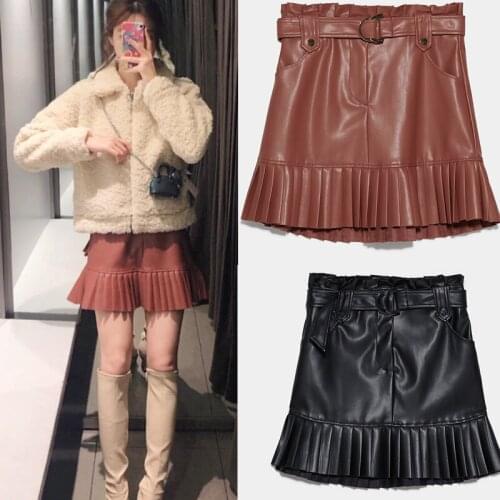 Ruffle high waist skirt mini sexy short skirts black Sash skirt elegant leather skirts women faux leather skirt pockets DQ1302