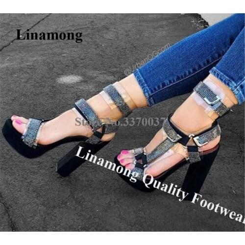 Linamong Newest Bling Bling Rhinestone Straps Chunky Heel PVC Metal Buckles Sandals High Platform Crystal Thick High Heels