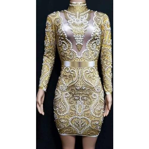 New boutique fashion ice silk Round collar long sleeve Sexy dress Golden silvery Stage costume Evening party Bar Nightclub