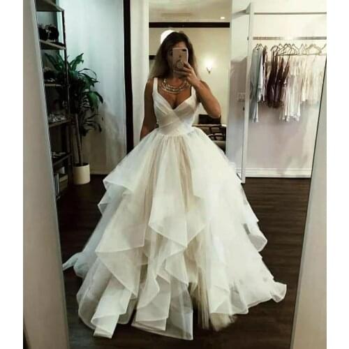 Sexy Long Mermaid V-Neck Tulle Wedding Dresses Ruffled Floor Length Lace Up Vestidos de novia Abendkleider Bridal Gown for Women