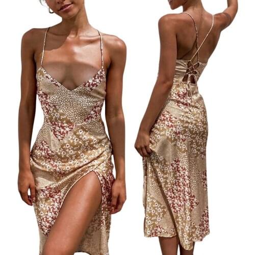New Sexy Woman Summer Dress Sleeveless Backless V-neck Strap Bandage Floral Dresses Clothes