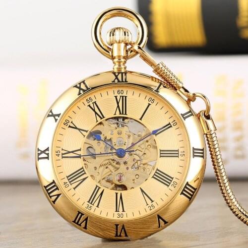 Luxury Gold Automatic Mechanical Pocket Watch Retro Copper Watches Roman Numerals Chain Pendant Men Women Steampunk