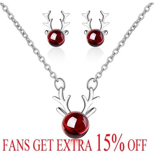 YH-ZL Cute Girls Red Crystal Earrings 925 Silver Animal Elk Antlers Stud Earrings Necklace For Women Jewellery Set Gift
