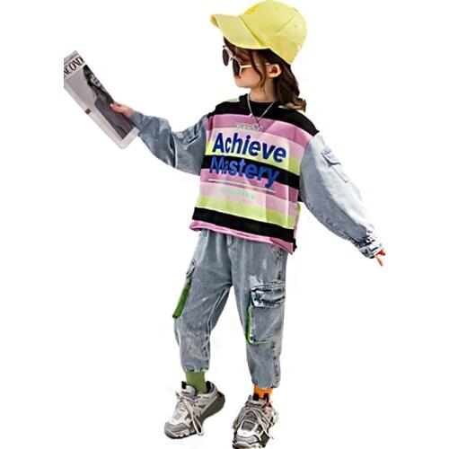 2020 spring and autumn Kids Tracksuit Girls Costume Childrens Clothing Patchwork Top + Jeans Kids Sport Suits For Girls Clothe