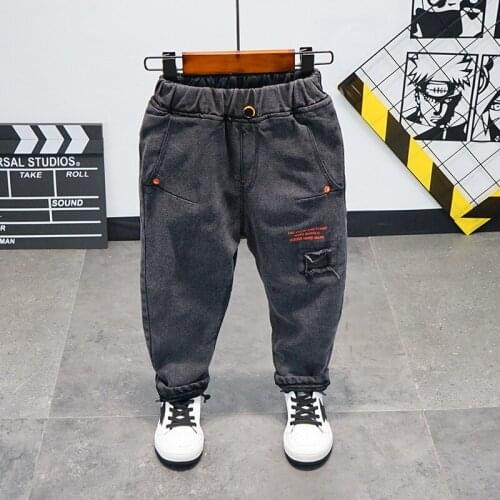 Baby Boys Velvet Jeans 2020 Winter New Kids Fashion Warm Denim Pants Korean Letter Print Hole Thick Denim Trousers For Boy 2-8 Y