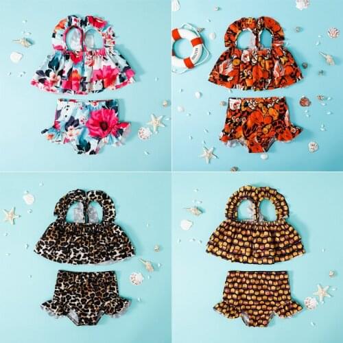VOGUEON Summer Infant Kids Baby Girls Cute Sleeveless Flower Print Sling Ruffle 2PCS Swimsuit Beachwear Bathing Suits Swimwear