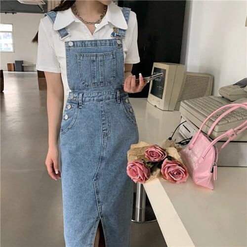 Long Denim Skirt Jumpsuit Women Vintage Braces A-line Skirts Korean Split High Waist Jean Strap Dress Summer Vestidos Robe Femme