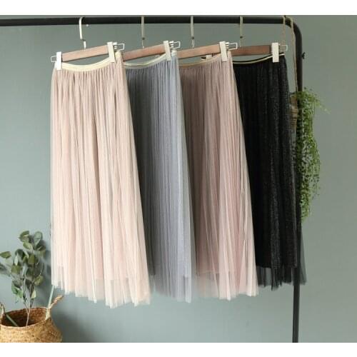 ALPHALMODA New Spring Fairy Shining Skirts Women Pleated Mid-calf Long Skirts Ladies Summer Fashion Sparkling Skirts