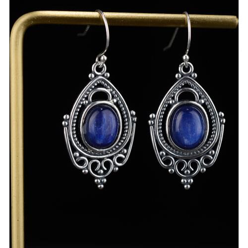 Retro 925 Sterling Silver Earrings Oval 8X10MM Natural Kyanite Earrings Anniversary Party Stylish Ear Jewelry for Women