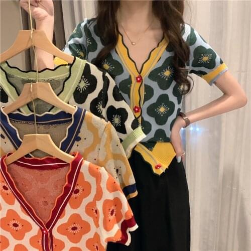 Women V-Neck Knitted Printed Flowers Sweaters Cardigans Lady Knitting Thin Summer Slim Vintage Cardigan Outwear for Female