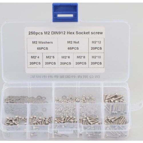 250Pcs/set DIN912 M2 304 Stainless Steel Hexagon Socket Head Cap Screws Furniture Hex Bolts Assortment Kit