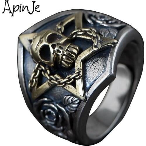 Apinje Real Pure 925 Sterling Silver Skull Ring Star Gothic Punk Rock Rose Flower Men Jewelry