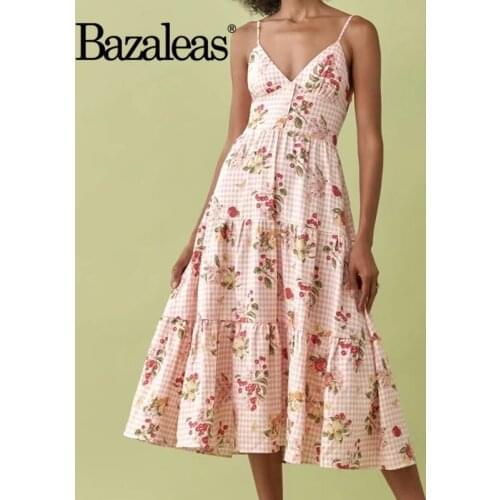 Bazaleas Random Floral Print Dress Retro Dresses V Neck Strap Spaghetti Women Midi Dress