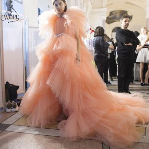 Dramatic Layered Tulle Prom Dresses High Low Long Train Lush Formal Evening Dress Peach Pink robe de soiree Pageant Party Gown