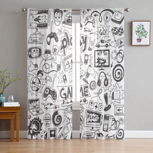 Play Game Black White Cartoon Graffiti Sheer Curtains Window Curtains for Living Room Bedroom Blinds Kids Room Home Decor
