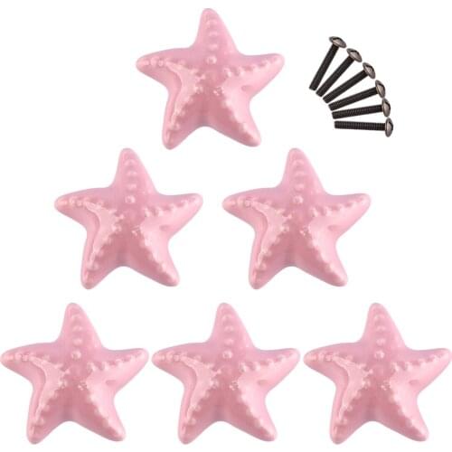 6pcs 4.8*4.8*3.2cm Ceramic Cabinet Pulls Starfish Shaped Handle Creative Doorknob For Cabinet Drawer Wardrobe Door - Pink