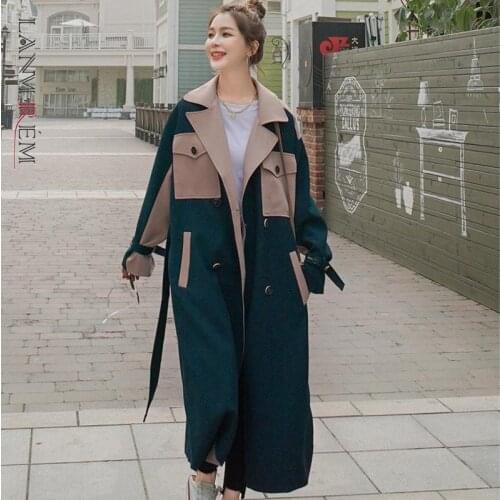LANMREM Women Coat Autumn 2021 New Splicing Contrast Color Long Windbreaker Female Belt Waist Fashion Strretwear Trench 2C2245