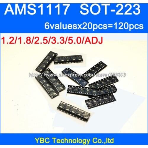 6valuesX20=120pcs SMD 1117 Series Linear Regulator Voltage LDO IC TO-223 AMS1117 1.2V 1.8V 2.5V 3.3V 5.0V ADJ