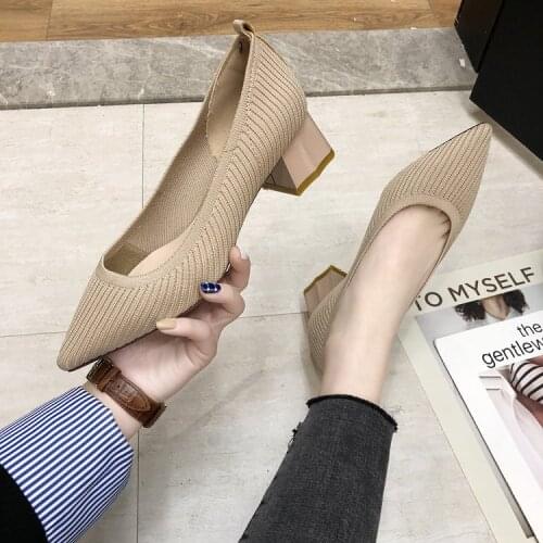 Knitted Square Heel Shallow Mouth Fashion Womens Shoes Pointed Single Shoes Spring Autumn High Heels Work Shoes Concise Pumps