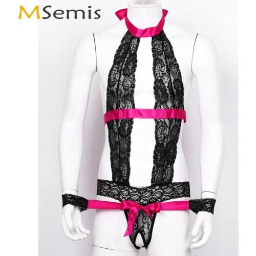 Mens Sexy Lenceria Lace Bodysuit Sissy Erotic See Through Baby Doll Lingerie Porno Gay Open Crotch Body Nightwear with Bracelets