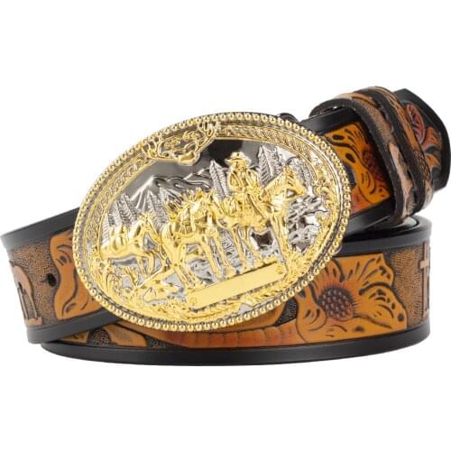 Horse Team Golden Buckle Embossed Leather Belt Cross Pattern Fashion Men Ｗest Cowboy