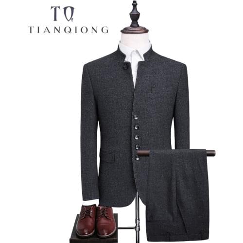 TIAN QIONG Mens Single Breasted Wool Suit Sets Fashion Chinese Tunic Suit Men Slim Fit Formal Black Blazers Jacket and Trousers
