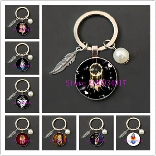 2021 new fashion dream catcher round glass keychain handmade dream catcher feather round glass convex photo keychain gift