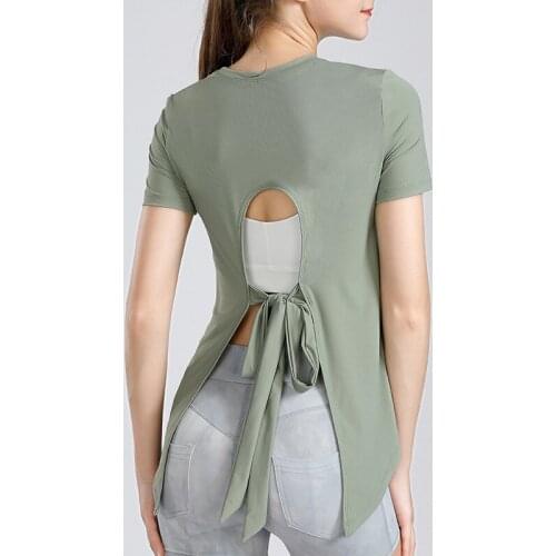 2021 New Quick-Dry Short Sleeve Dancing Fitness T-Shirt Women Yoga Exercise Tshirt Loose Hollow Out Bandage Gym Sport Top