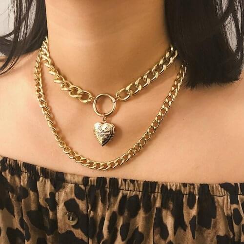 Punk Metal Heart Choker Necklace For Women Big Thick Chain Round Hollow Multilayer Pendant Long Necklaces Jewelry