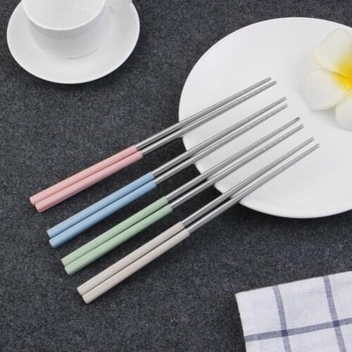 1 Pair Practical Portable Stainless Steel Wheat Cooking Chopsticks Household Non-slip Anti-scald wheat chopsticks Tableware