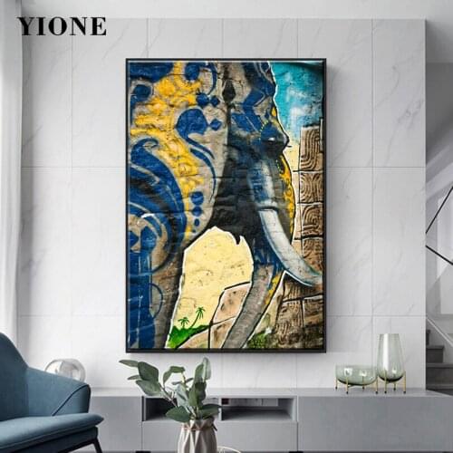 Blue Totem Elephant Wall Graffiti Canvas Poster Modern Street Art Africa Animal Prints Painting Decoration Picture for Living