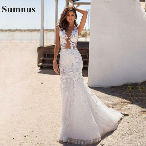 Sumnus Sexy Tulle Mermaid Wedding Dresses Lace Appliques Deep V Neck Beach Wedding Dress Backless Vestido De Novia Bridal Gowns