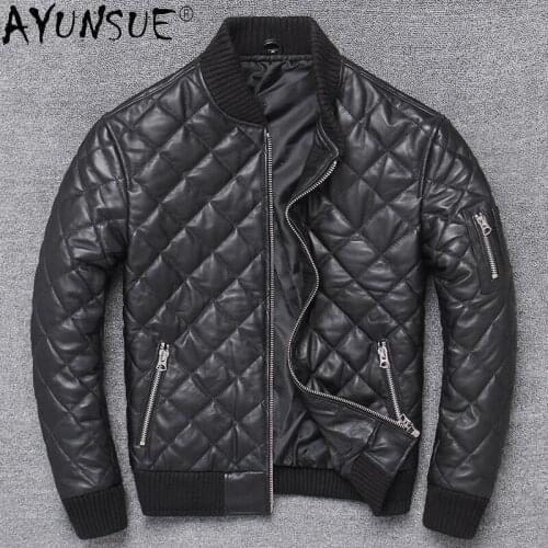 QYLVAWOY Motorcycle Genuine Sheepskin Leather Jacket Men Clothing Baseball Clothes Winter Coat Mens Warm Jackets Veste WLP109