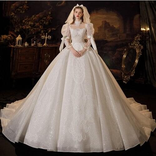 Luxury Princess Wedding Dress Beautiful Applique Lace Ball Gown With Sweep Train Shining Sequins Custom Made Vestido De Noiva