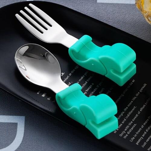 Silicone Stainless Steel Non-slip Baby Tableware Cutlery Short Fork Spoon Solid Food Training Feeding for Baby Kid Children Gift