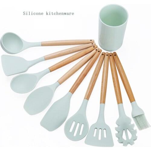 Silicone Kitchenware Set Heat Resistant Cookware Spatula Shovel Soup Spoon with Wooden Handle Non-stick Kitchen Accessorie
