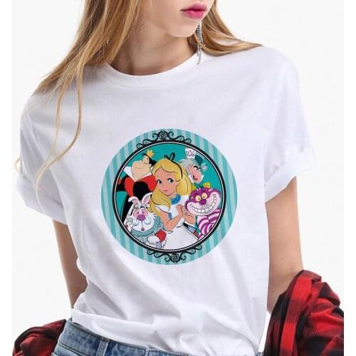 Graphic Tees For Women Summer Short Sleeve Causal White O-neck Tshirts Alice In Wonderland Print Harajuku Female Tee Shirts Tops