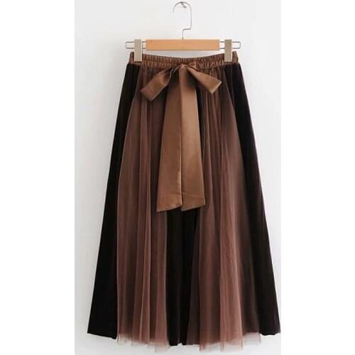 2019 Summer Skirt New Two-color Pleated High Waist Belt Stitching Velvet Mesh Half-length Skirt Women