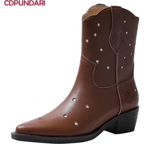 Ladies Genuine Leather Med Heels Ankle boots For Women Autumn Winter West Cowboy Punk Short Boots Cowgirl Shoes Bottines Femme
