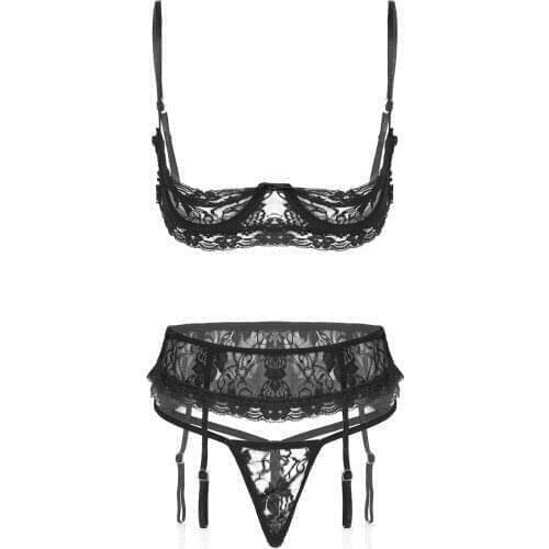 Womens Erotic Lingerie Sets See Through Lace Open Cup Underwired Bra Tops with G-String Garter Belt Thong Briefs Underwear Suit
