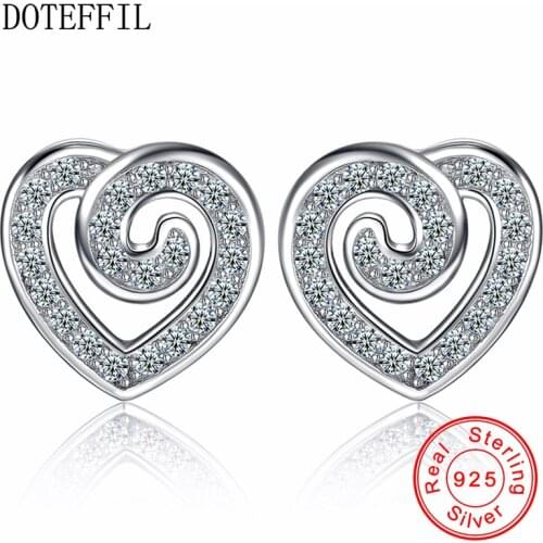 925 Sterling Silver Jewelry Women Fashion Cute Tiny 1.1cmX1.0cm Hollow Heart Zircon Stud Earrings Gift For Girls Kids Lady