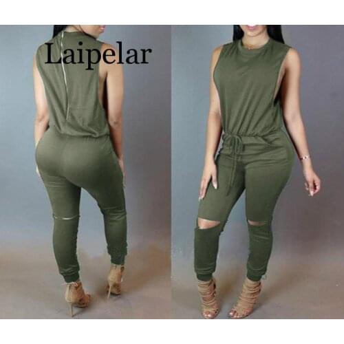 Women hole sleeveless bandage lace up jumpsuit Casual Rompers overalls for female women o-neck zipper jumpsuits women suits