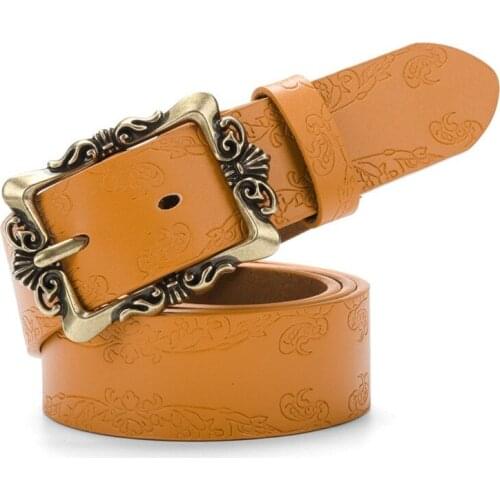 EL BARCO Flower Embossing Print Women Belts High Quality Faux Leather Black White Belt Female Brown Red Camel Belt Strap