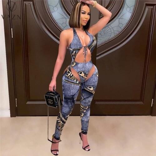 VAZN 2021 New Shinny Sleeveless Print Hole Out Sexy Lady Women Party Beach Jumpsuits Full Pant Bandage Rompers