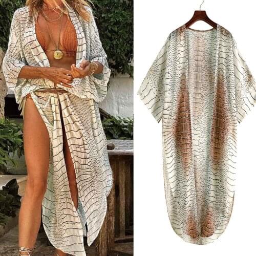 2021 Bohemian Printed Summer Flowy Beach Wear Clothing Long Kimono Plus Size Cotton Tunic Women Tops Self Belted Wrap Coat