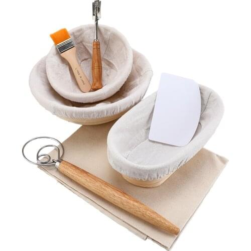 8PCS Banneton Fermentation Proofing Rattan Basket Dough Bread with Arc Curved Knife Scraper Brush Danish Whisk Linen