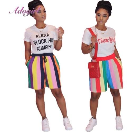 Adogirl 2020 Fashion Casual Loose Women Sets Summer Short Sleeve Letter T-shirt + Rainbow Striped Shorts Outfit Clothing Set