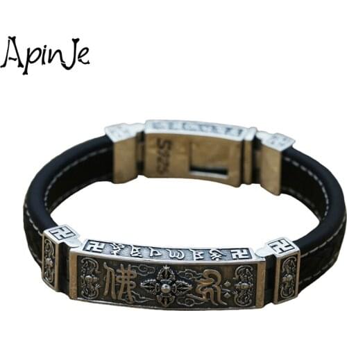 Apinje Thai Silver 925 Sterling Silver Bracelet for Men And Women Skin Bracelets Six Words Mantras Good Luck Fashion Jewelry